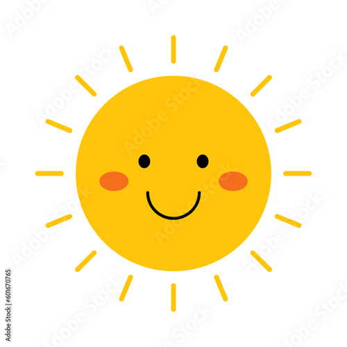 Vector funny sun in flat design. Happy smiling sun. Childish cute sunshine emoji. Kawaii yellow sun with sunbeams. Baby sunshine with blush.