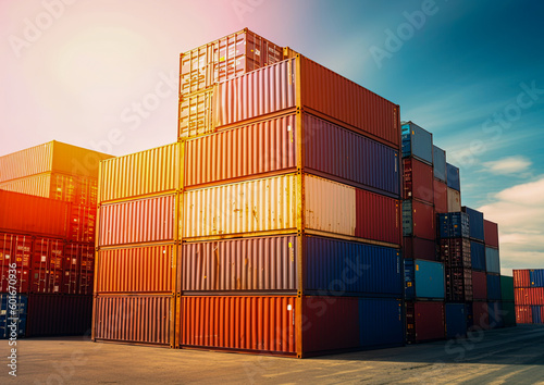 Cargo containers at sea port. Shipping and transportation. Ai Generative illustration