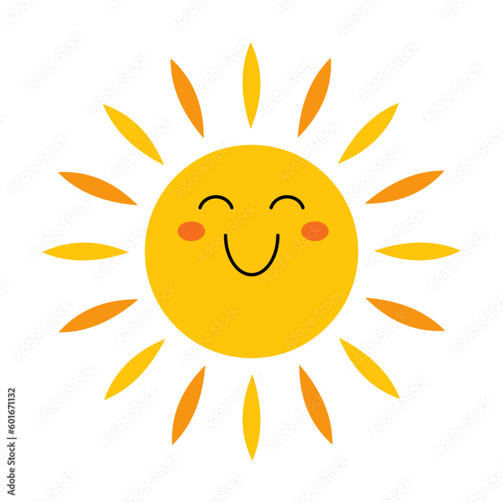 Vector sun in flat design. Happy smiling sun. Childish cute sunshine emoji. Kawaii yellow sun with sunbeams. Baby sunshine with blush.