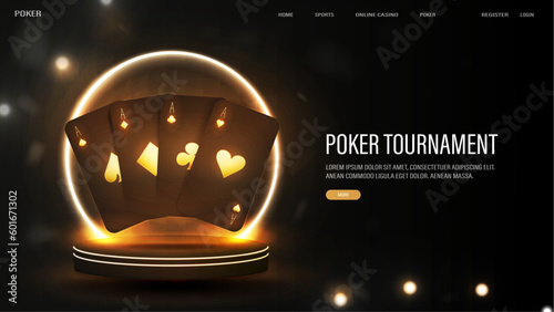 A web banner with black and gold cards on a podium with a bright neon round arch.