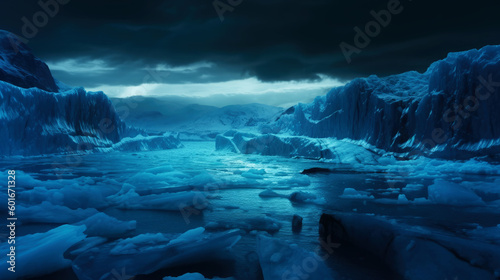 Glacial winter landscape. Winter landscape with sea and glacial. generative ai.
