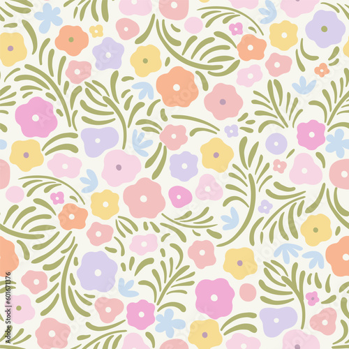 Abstract vector seamless pattern. Soft abstract flowers on a light yellow background. In pastel colors.