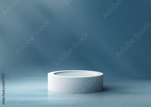 3D realistic mockup display empty white podium platform display on minimal wall scene blue background and natural light