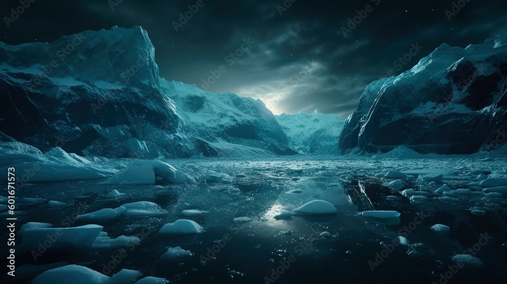 Glacial winter landscape. Winter landscape with sea and glacial. generative ai.