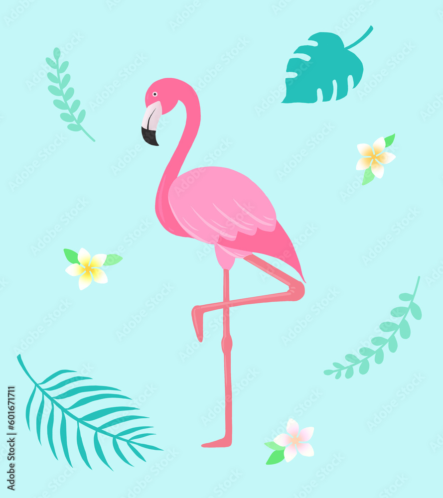 Fototapeta premium Tropical illustration with flamingo and tropical plants, 홍학과 열대식물이 있는 열대 일러스트