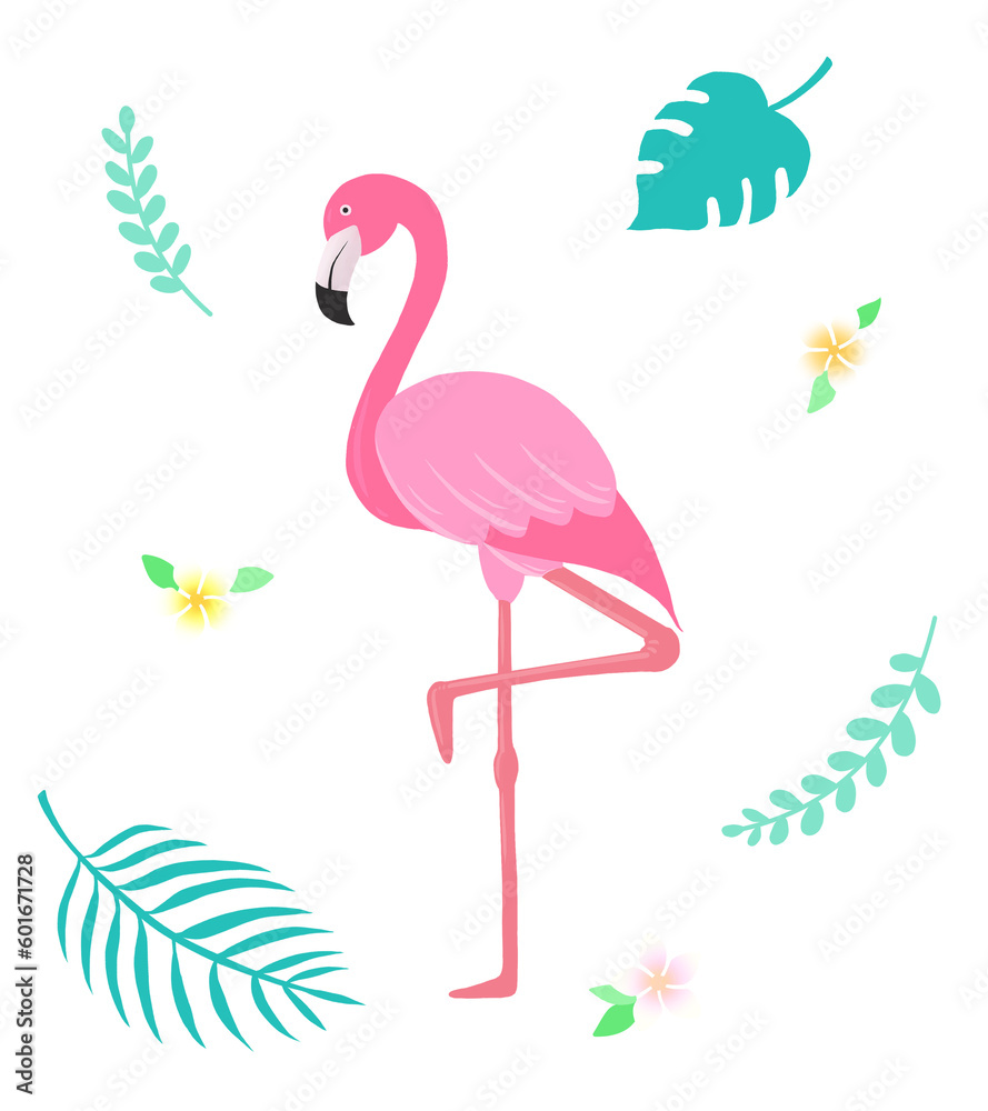 Obraz premium Tropical illustration with flamingo and tropical plants, 홍학과 열대식물이 있는 열대 일러스트