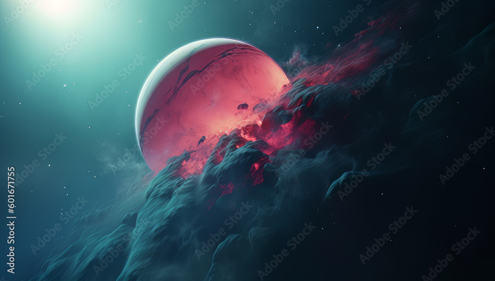 An alien planet floats in cosmic space, bathed in a fantastic orange glow. This game concept art captures the nebulous galaxy, futuristic exploration, abstract science of the universe. Generative AI. - obrazy, fototapety, plakaty 
