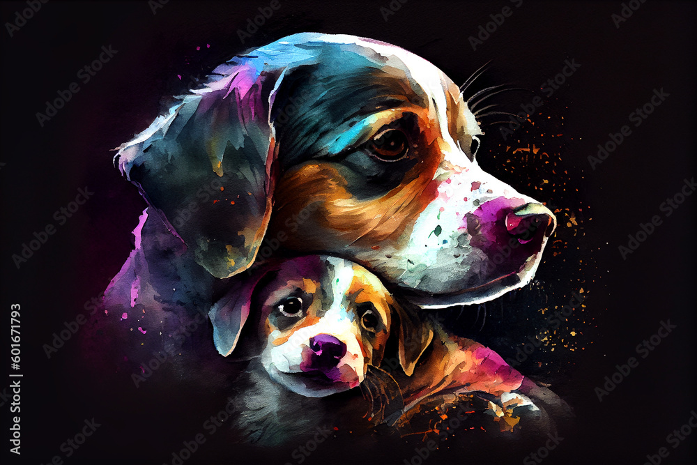 A heartwarming illustration of a mother dog and her puppy, depicted against a dark background, showcasing their bond and affection, generative ai