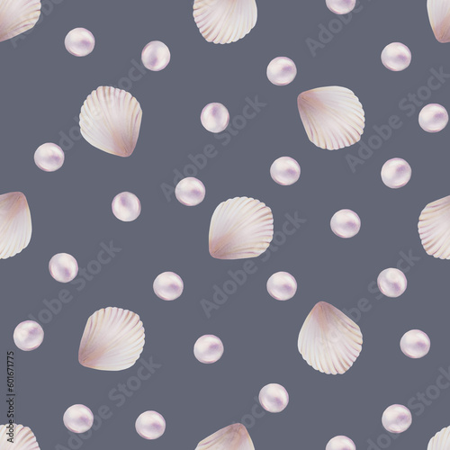 Watercolor seamless pattern with shells and pearls. Hand painting clipart underwater life objects on a white isolated background. For designers, decoration, postcards, wrapping paper, scrapbookin