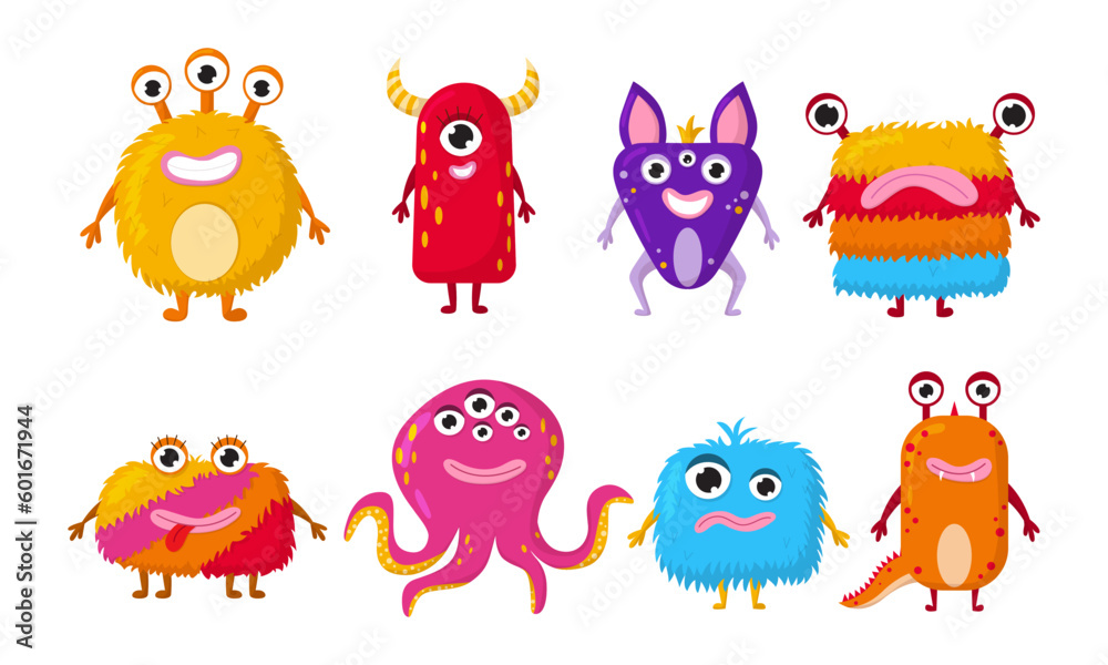 Obraz premium Vector cartoon monsters set. Collection funny aliens icon isolated on white background. Clip art for party decoration, stickers