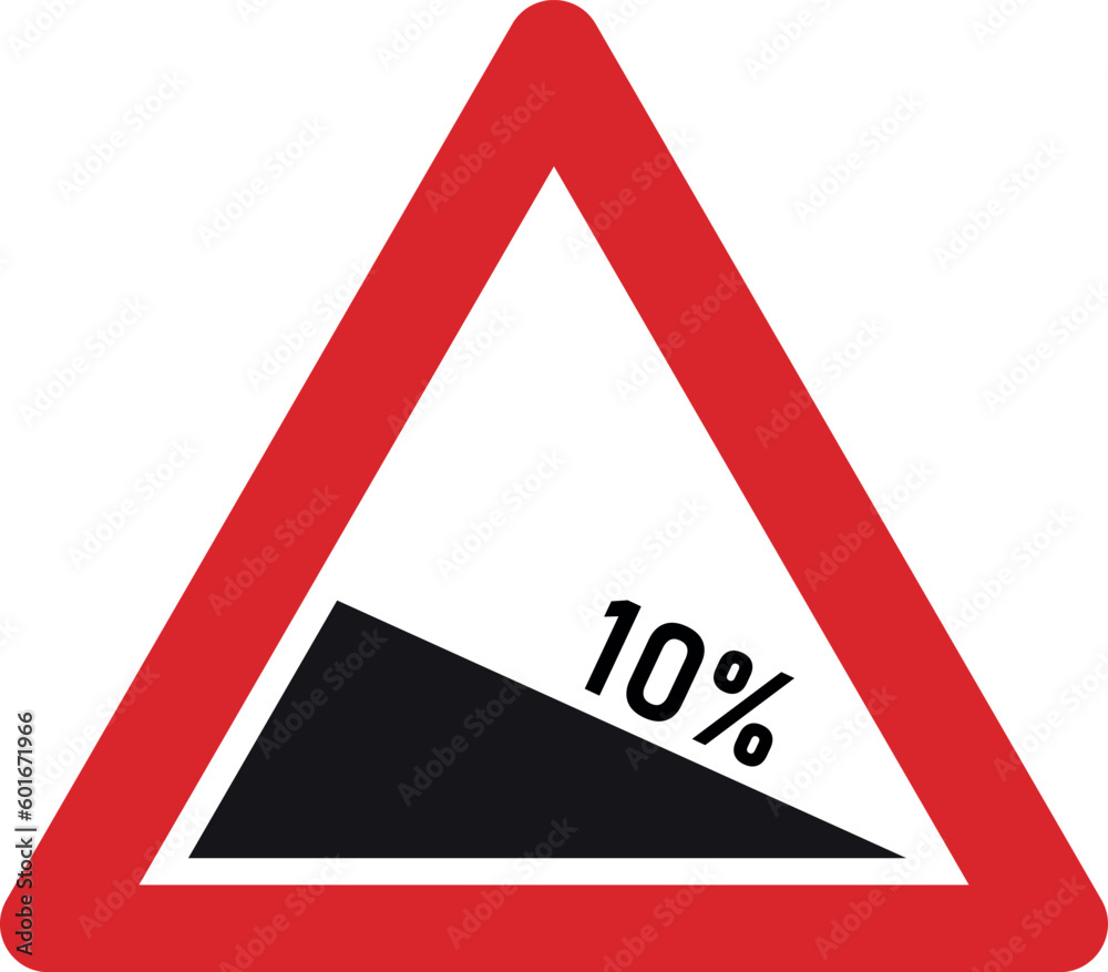 Road sign steep hill downwards. Traffic sign steep descent vector Eps