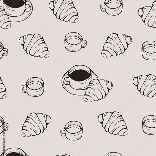 croissant and coffee hand drawn pattern