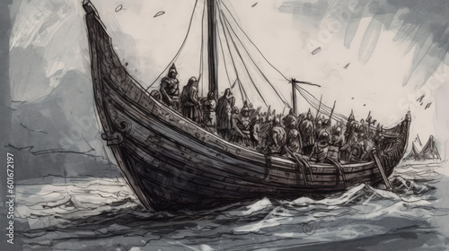 illustration viking ship. generative ai. © jozefklopacka