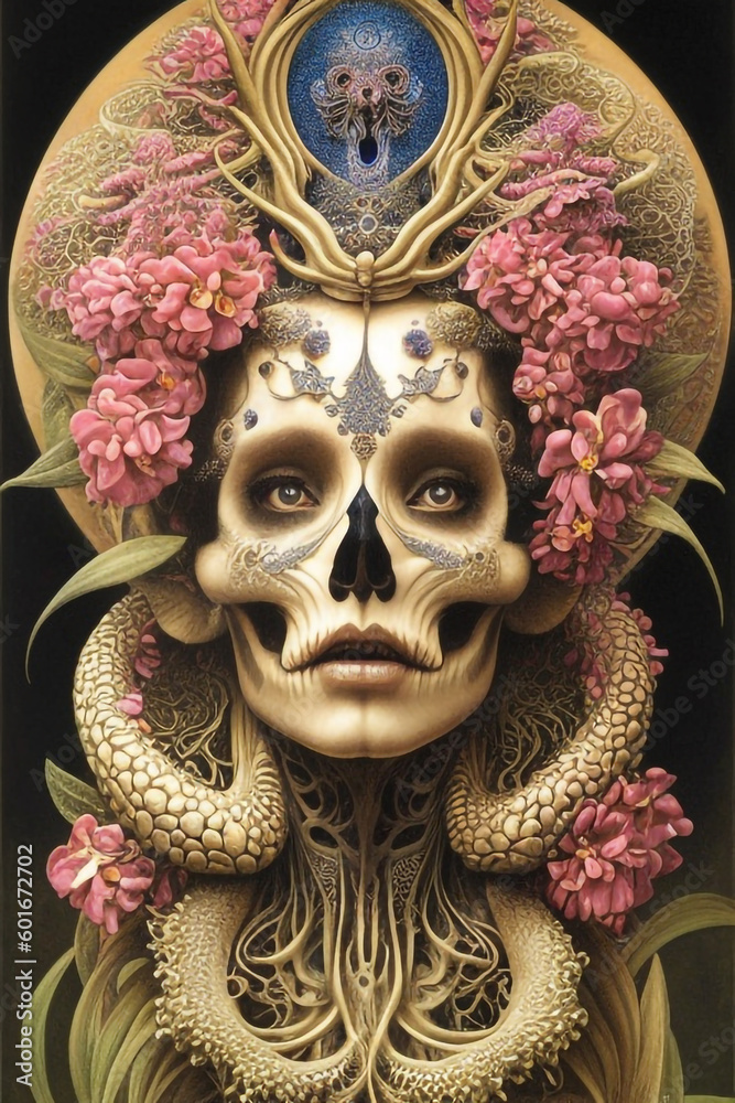 Female Skull Face with Flowers AI Generative