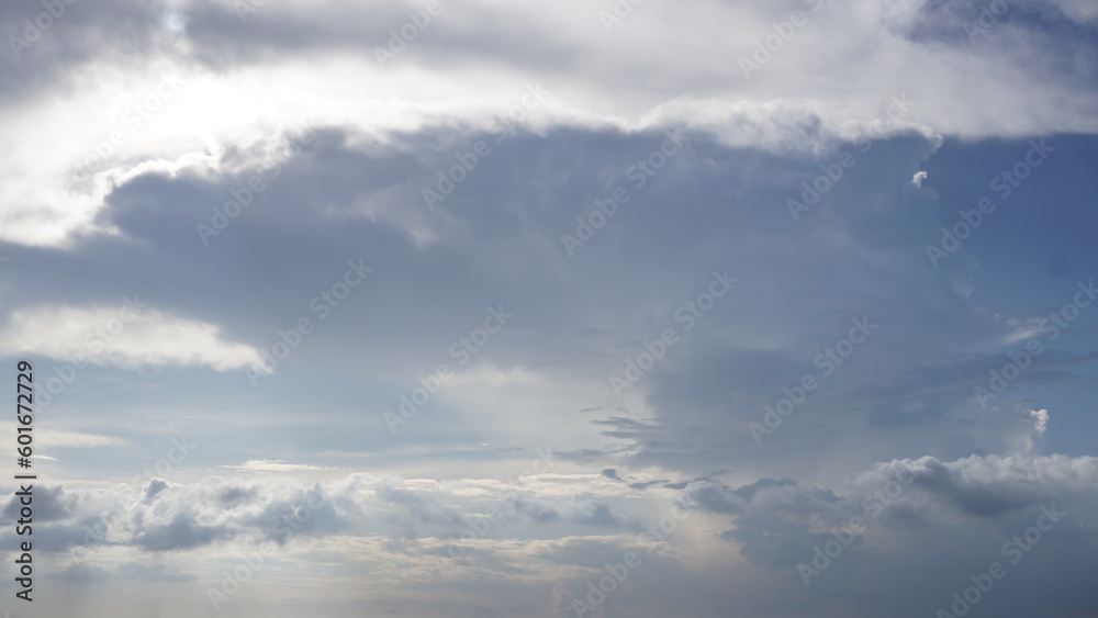 Bright clear blue sky with dense cloud for background, template                    