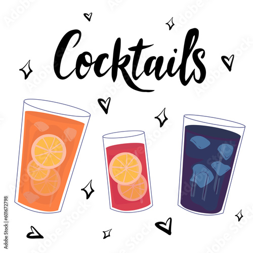 Set of summer cocktails of juice with ice.