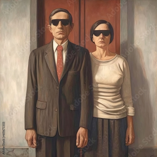 Art portrait of blind couple with sunglasses. Generative AI.