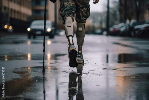 Back of soldier after leg amputation of two legs is rehabilitated and recovers walking with prosthesis leg. Generative AI. photo