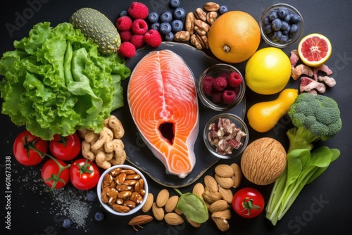 Selection of healthy unsaturated fats, omega 3 - fish, avocado, olives, nuts and seeds, ai generative