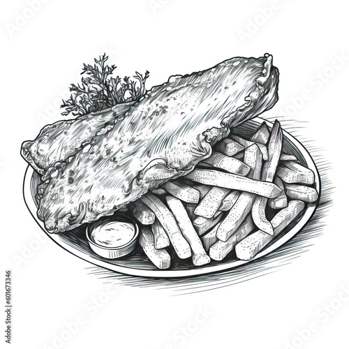 A sketchy set of fish and fries on a white background. AI Generative