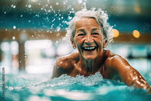 Old senior woman in swimming pool doing rehabilitation exercise. Generative AI. © AS Photo Family