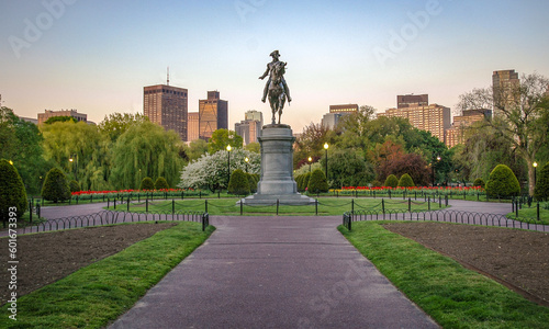 The  George Washington Statue at the Center of Public Garden or the Boston Public Garden in Massachusetts