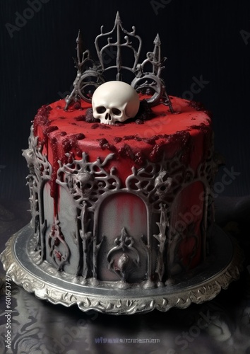 Black Goth Themed Birthday Cake Decoration Skulls and Blood Fondant Frosting Generative AI