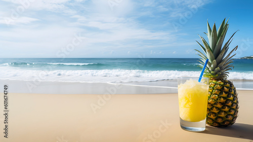 Pineapple and glass of juice on sand at the beach, summer, sea splashes, sea foam. Beach vacation. Banner. Copy space.AI generated