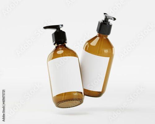 Zwei Glasflaschen mit Pumpe Spender für Kosmetikprodukte und blanko Etiketten, Mock Up