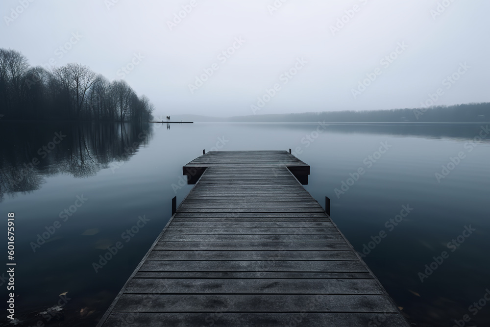 Empty pier on a lake, moody fog on the lake