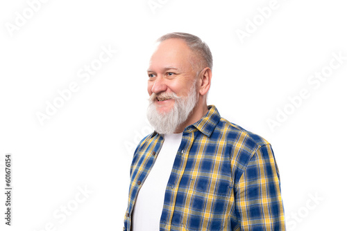mature gray-haired retired man with a mustache and beard with a kind smile on a white background