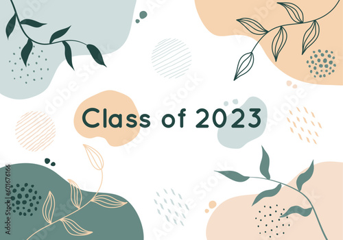Class of 2023 Boho Art Style Banner Vector Illustration. Academic year student graduation party graphic resource. Floral and Trendy neutral color palette. Website header, social media post, promotion