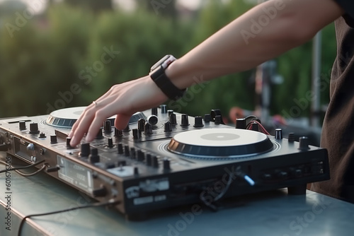 DJ Hands creating and regulating music on dj console mixer in concert outdoor photo