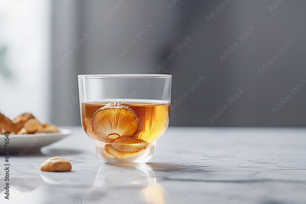 Natural mushroom tea. Cup of fresh mushroom tea and raw mushrooms on grey marble table on blurred kitchen background. Healthy vegan or vegetarian food. New Superfood Trend. Generative ai