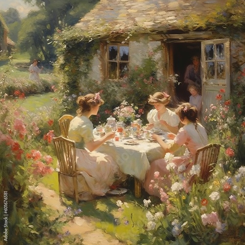 Women having a Traditional British Tea Party  Generative AI