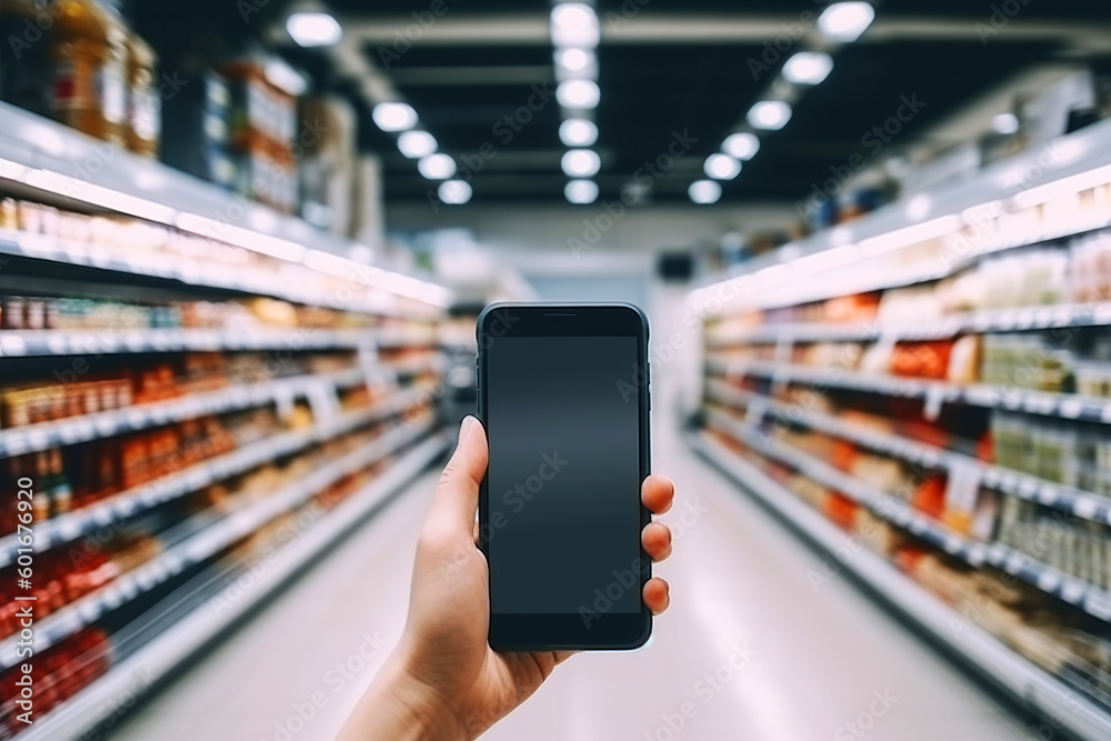 Close-up of a hand holding a smartphone with a mobile screen on a blurry background of supermarket shelves. Close-up of a hand holding a smartphone with a mobile screen on a blurry background of supermarket shelves.