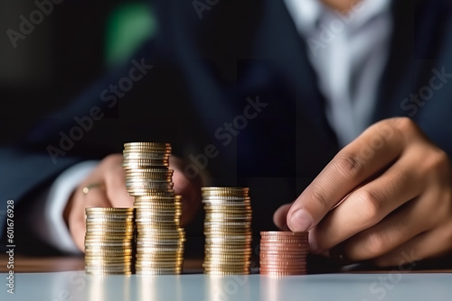 Businessman Hand Put Coins To Stack Of Coins. Business Man Salary Increase And Money Investment