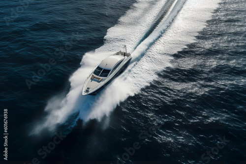Wallpaper Mural close up view a luxurious motor boat is speeding across the blue sea, creating waves in its wake. The boat's rapid movement as it cruises over the dark water. Torontodigital.ca