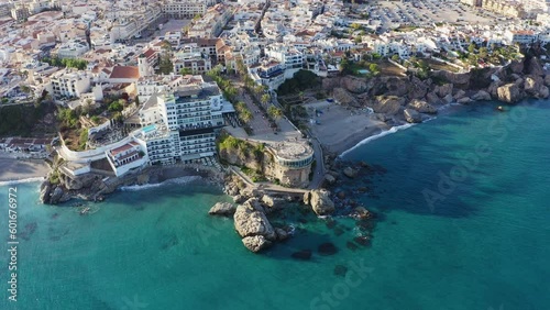 Aerial drone shot of Andalusian coastal town Nerja, Balcon de Europa viewpoint photo