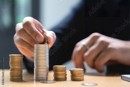 Businessman Hand Put Coins To Stack Of Coins. Business Man Salary Increase And Money Investment