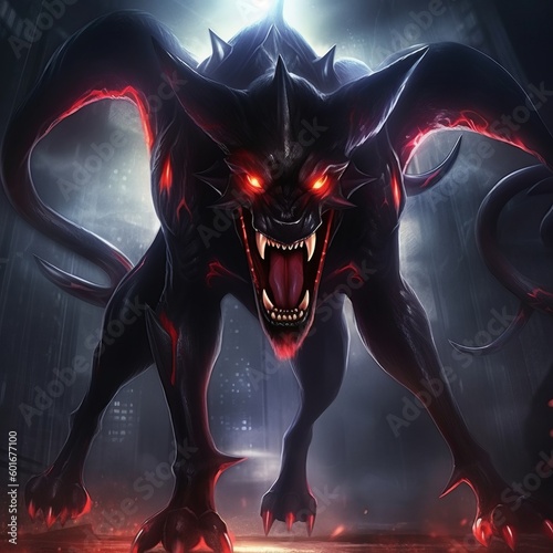 Hellhound Black Monster Fantasy Dog Dinosaur Metamorphis Generative AI photo