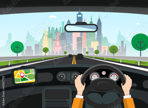 Driver in car holding steering wheel - automobile on asphalt road with city on background - vector