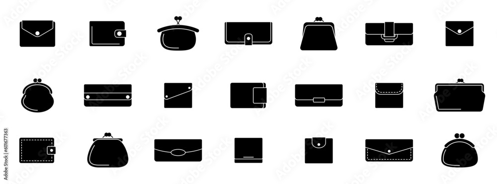 Wallet icon. Set of black icons of wallets on white background. Wallets logo design. Vector illustration Wallet icon. Set of black icons of wallets on white background. Wallets logo design. Vector illustration
