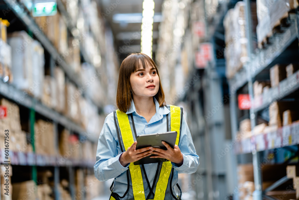 Women warehouse worker using digital tablets to check the stock