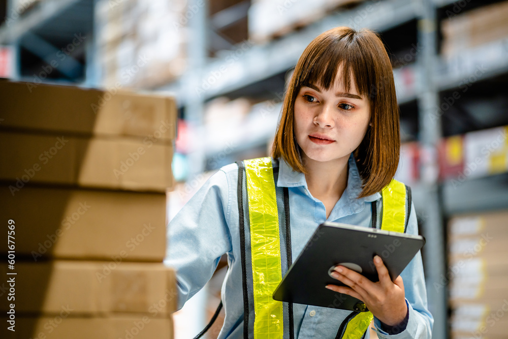 Women warehouse worker using digital tablets to check the stock inventory on shelves in large warehouses, a Smart warehouse management system, supply chain and logistic network technology concept - obrazy, fototapety, plakaty 