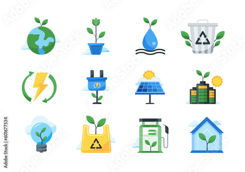 Environment icon set. Ecology, renewable energy, solar panel, battery, earth, water, vector pack. Suitable for many purposes.