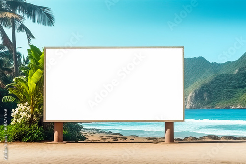 Billboard on a paradise beach with palm trees on a sunny day. For artwork, painting, photo or advertising poster in interior. Generative AI
