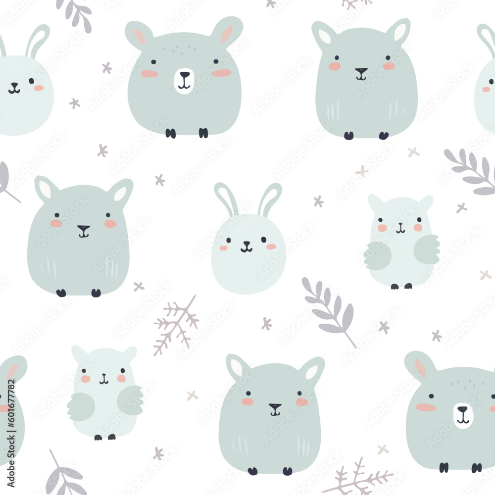 Cute animals background. Seamless pattern for baby shower decor, nursery print, kids apparel, wrapping paper, fabric, and textile. Cute animals background. Seamless pattern for baby shower decor, nursery print, kids apparel, wrapping paper, fabric, and textile.
