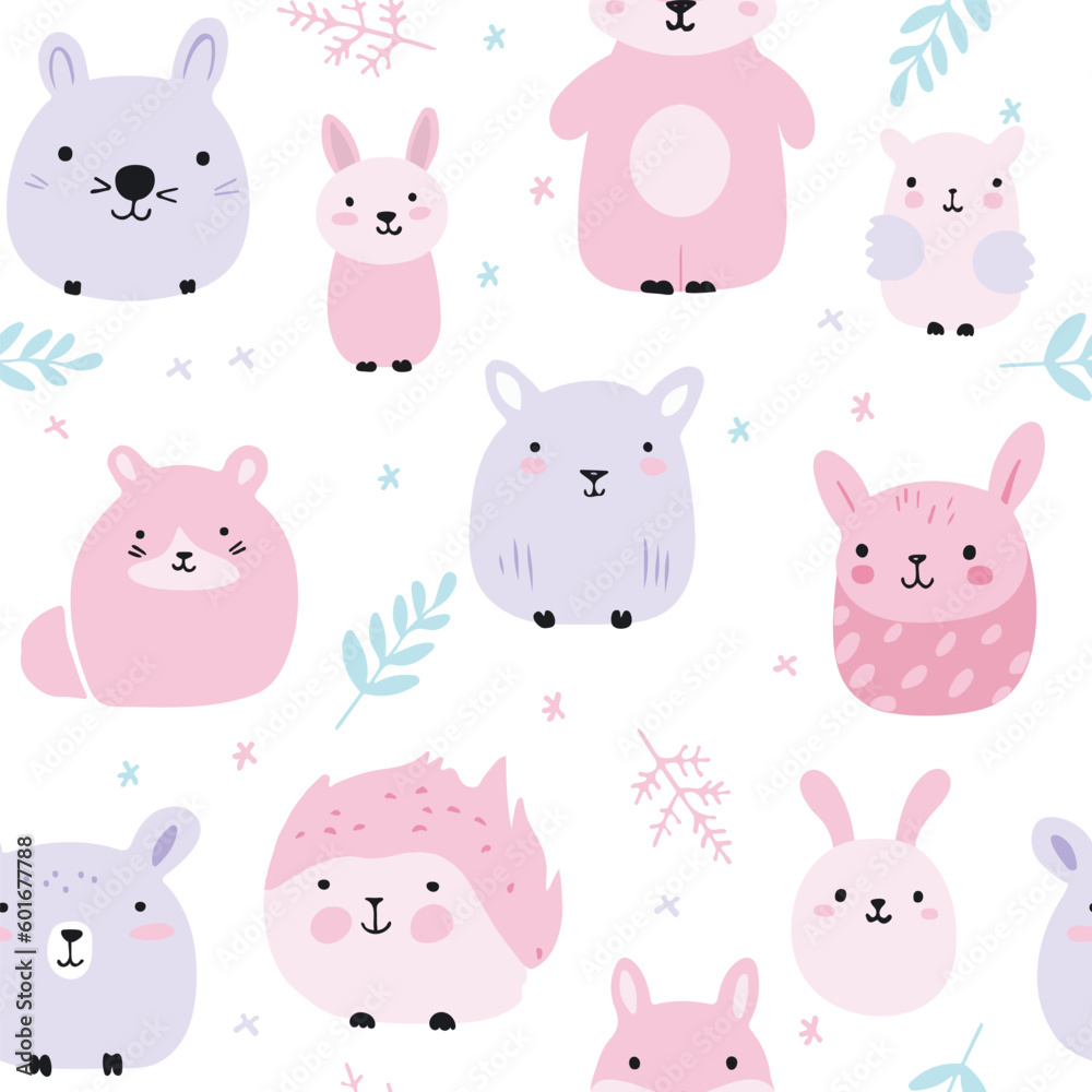 Vector baby cute pattern with forest animals.