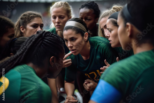 A fictional person. Intense Halftime Strategy Session of Women's Soccer World Championship Team